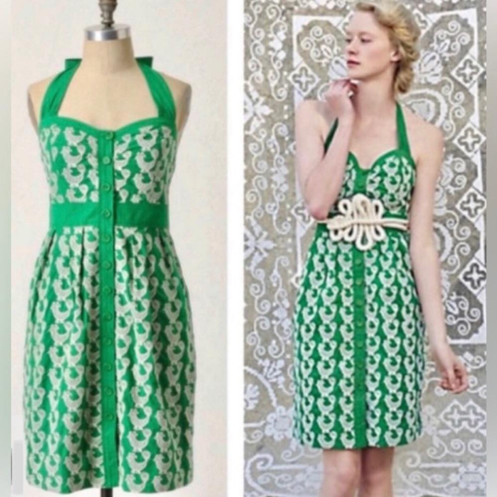 Anthropologie Floreat Cockadoodle Halter Tie Back Dress